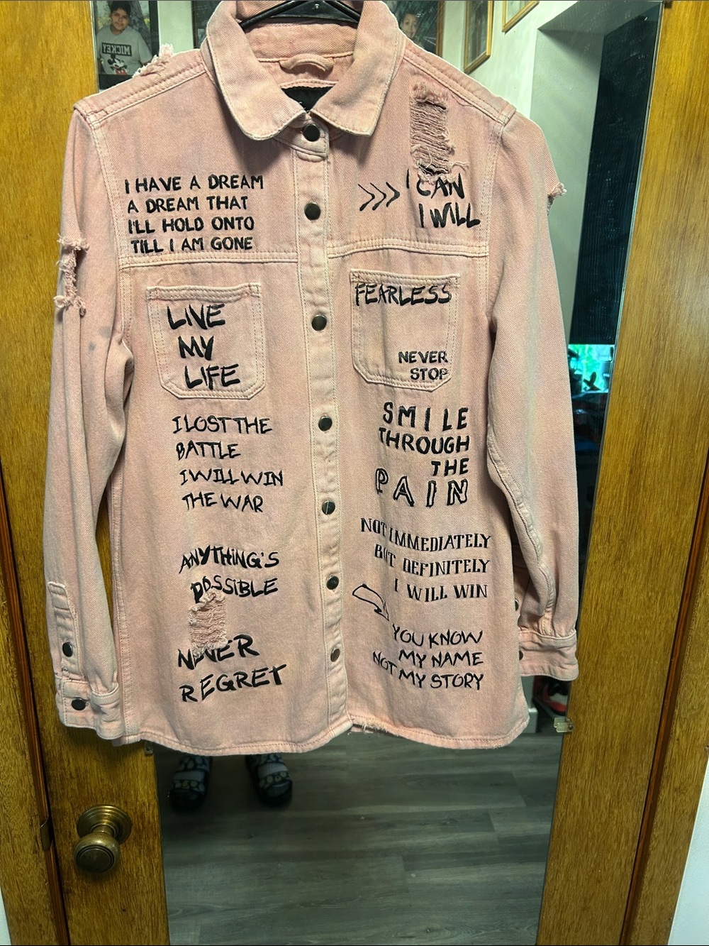 Pink Distressed Slogan Jean Jacket
